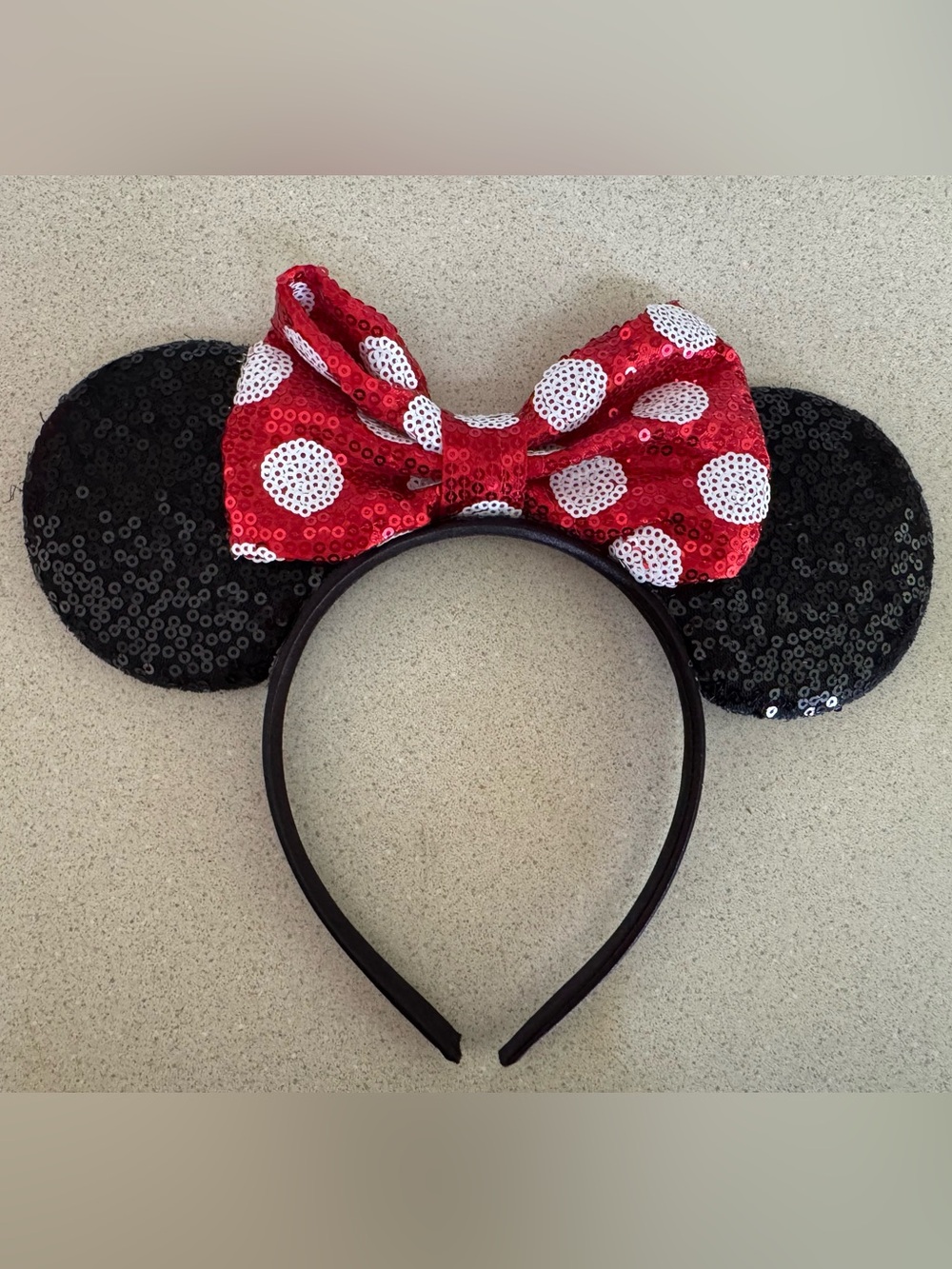 Disney Minnie Mouse Sequin Ears Headband Red Polka Dot Bow Black